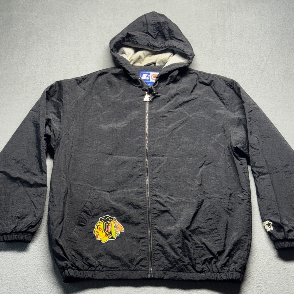 Starter Chicago Blackhawks NHL Jacket Mens Large Black Vintage Full Zip Quilted
